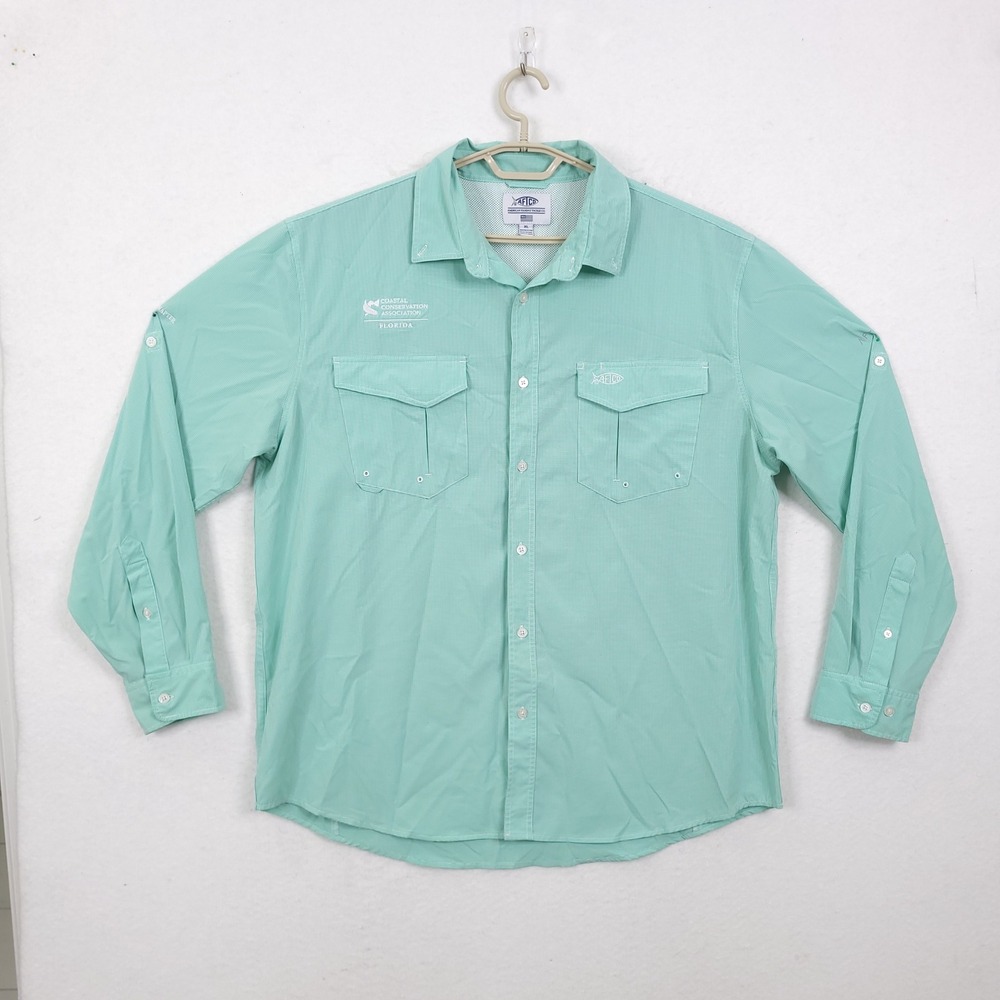 AFTCO Fishing Shirt Mens XL Green Long Sleeve Vented Performance Logo Button Up
